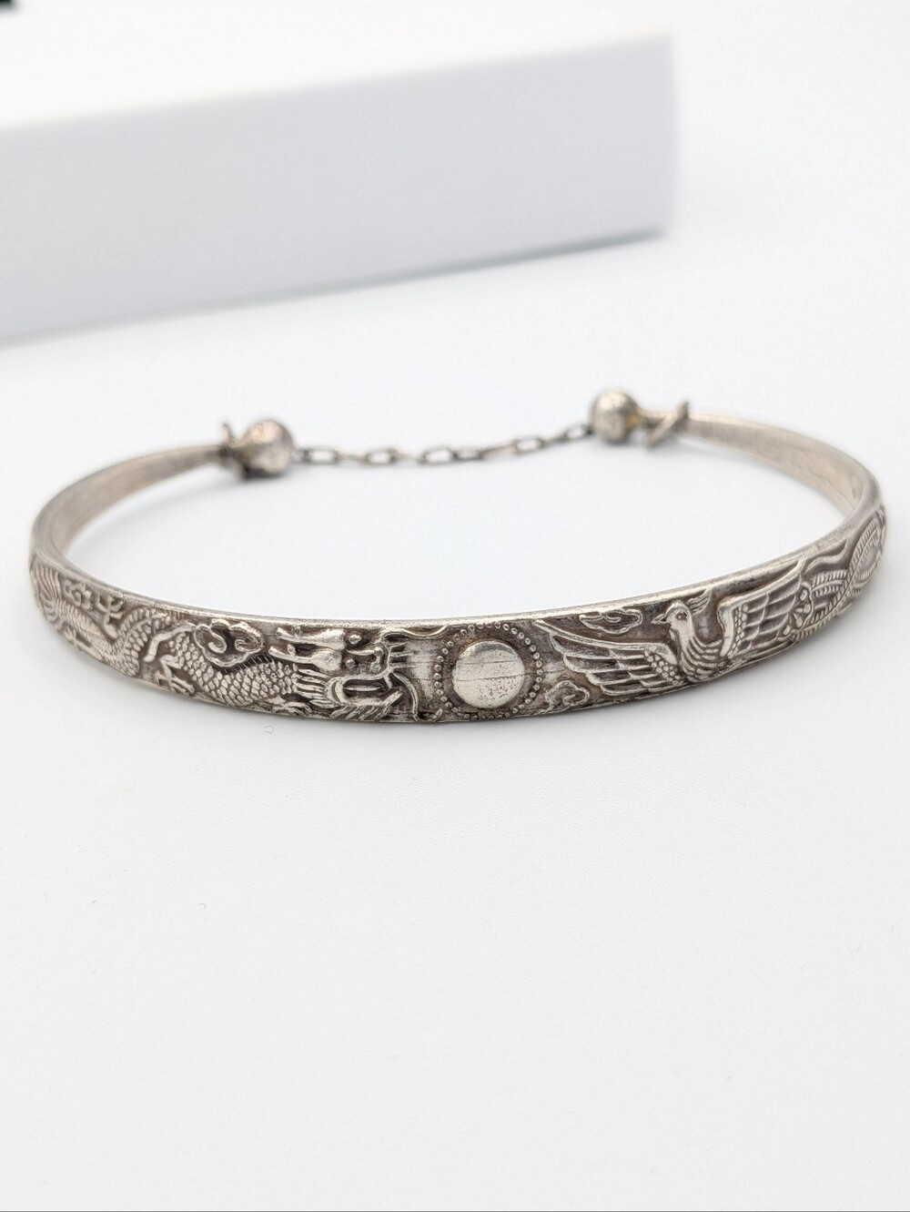 Chinese fine silver .999 bangle bracelet safety chain dragon and phoenix